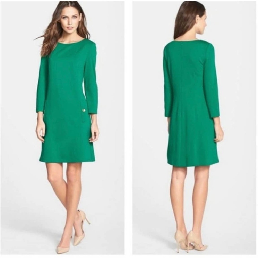 Eliza J gold button‎ green ponte A line dress size 8
